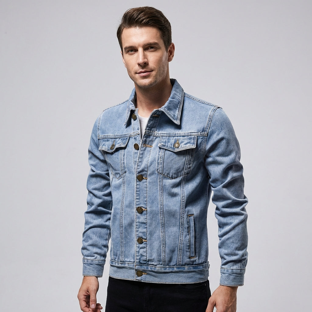 Mørkeblå herre denim truckerjakke i klassisk stil, perfekt fritidsjakke for menn. Allsidig hverdags yttertøy.