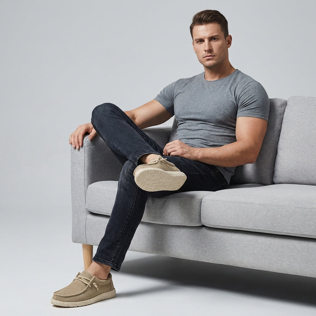 Svarte pustende slip-on herresko, designet for optimal gåkomfort og lettvekt stil for aktive menn.