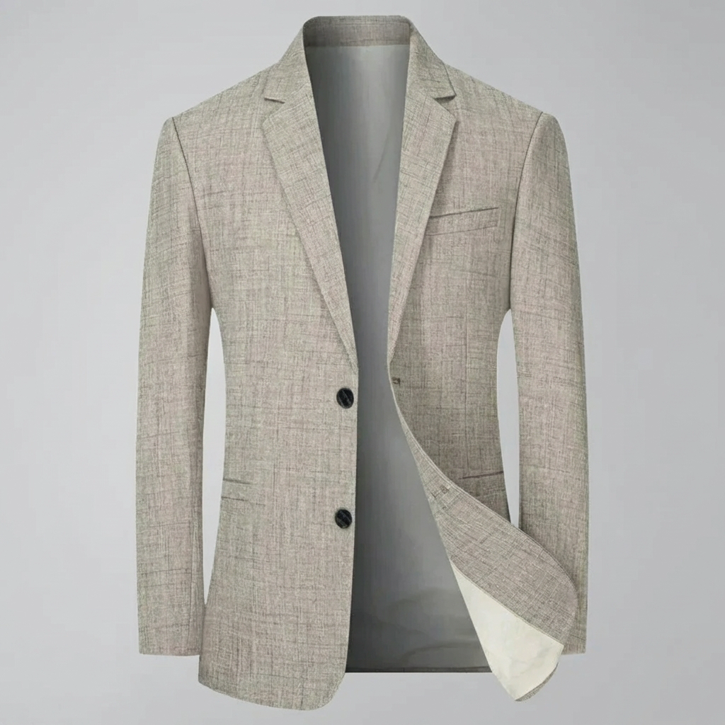 Klassisk herreblazer i lys kaffe, tidløs og komfortabel. Elegant dressjakke for herremote, ideell til jobb.
