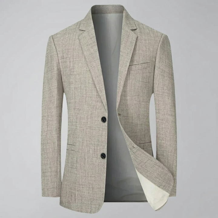Klassisk herreblazer i lys kaffe, tidløs og komfortabel. Elegant dressjakke for herremote, ideell til jobb.