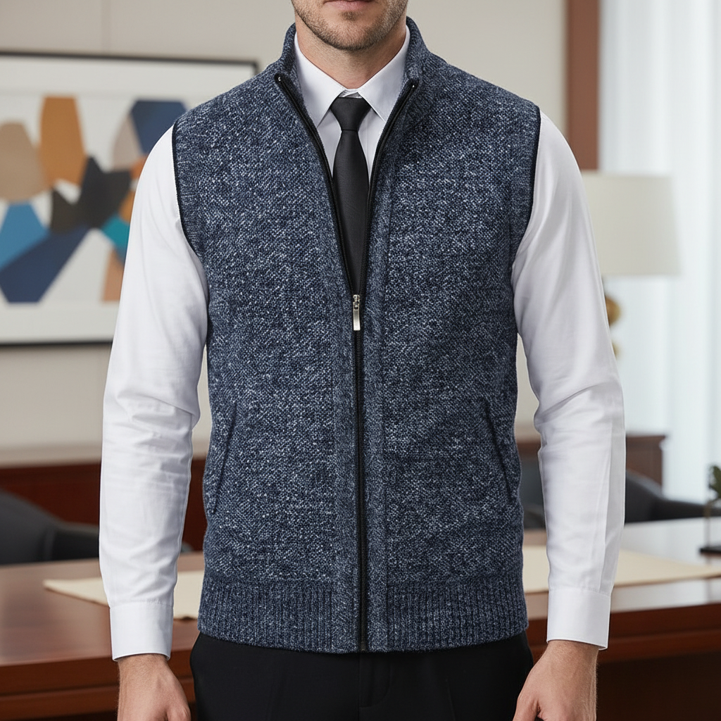 Klassisk strikket vest for menn med glidelås. Elegant, komfortabel, perfekt for lag-på-lag herreklær.