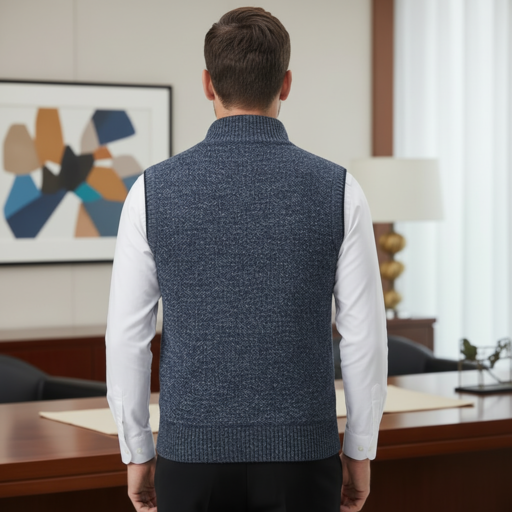 Elegant allværs strikkevest for menn med praktisk glidelås. Ideell for lag-på-lag og moderne herremote.