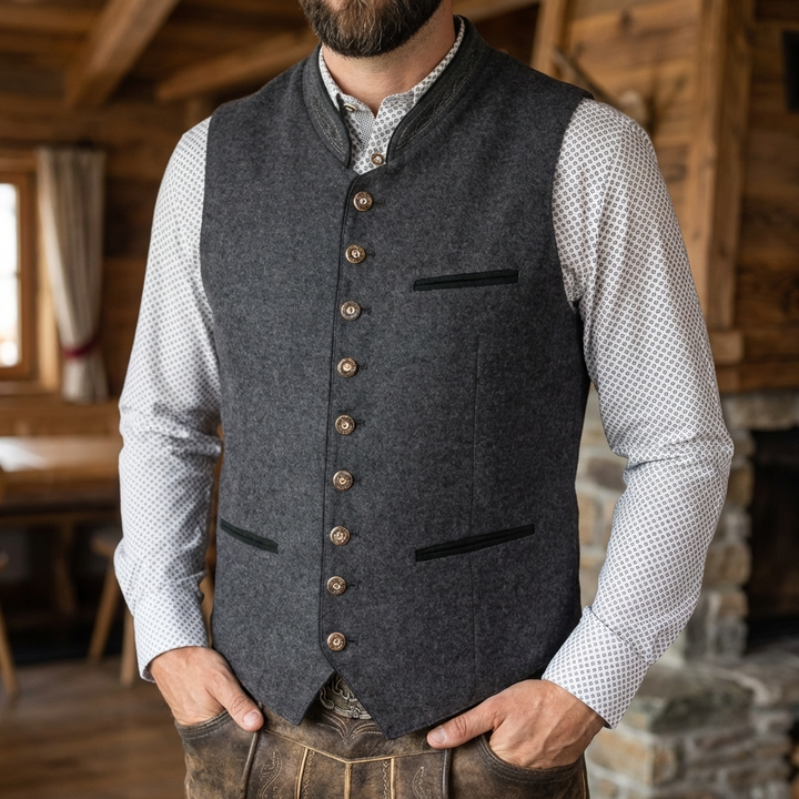 Grå elegant herrevest i klassisk stil med rund hals, perfekt for smart casual sommerbekledning for menn.