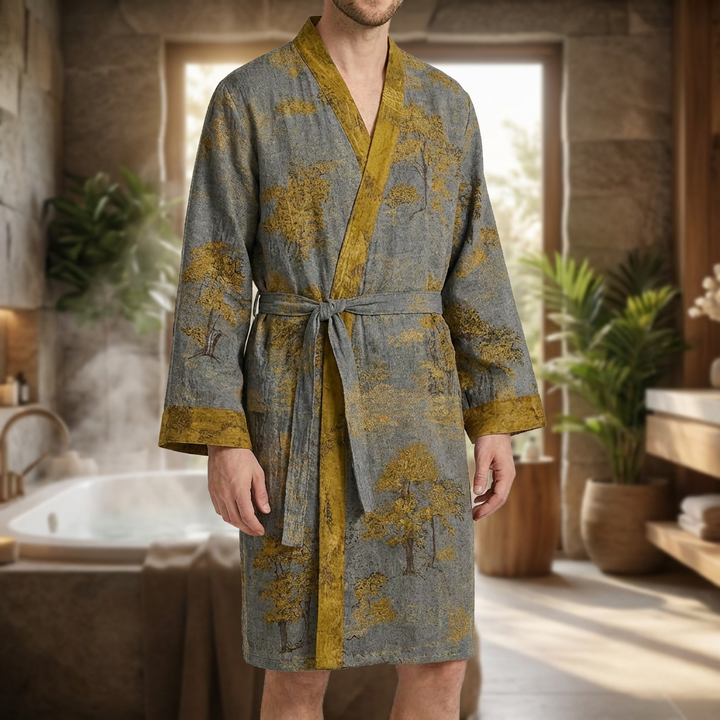 Lettvekts herre kimonorobe i myk bomull, perfekt for vår og sommer. Elegant jacquard-mønster for hjemmekomfort.
