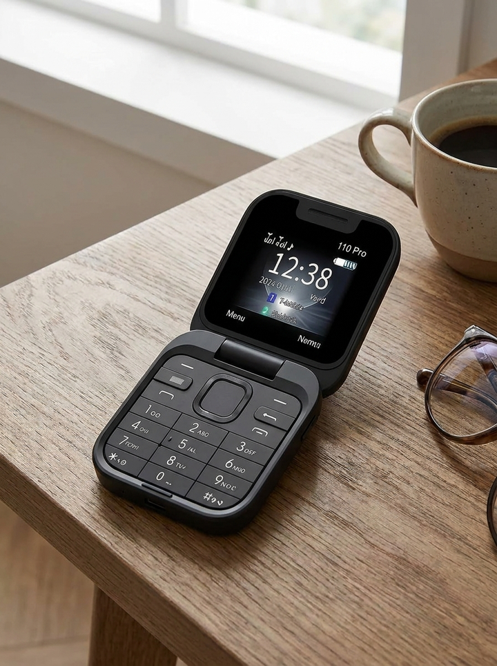 Kompakt foldbar mobiltelefon med dual SIM, perfekt for reisebruk uten internettfunksjon.