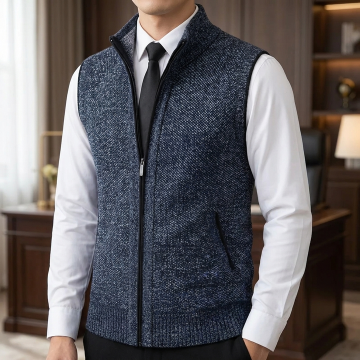 Elegant herre strikket genservest for lag-på-lag. Komfortabel pullover vest for casual eller formell bruk.