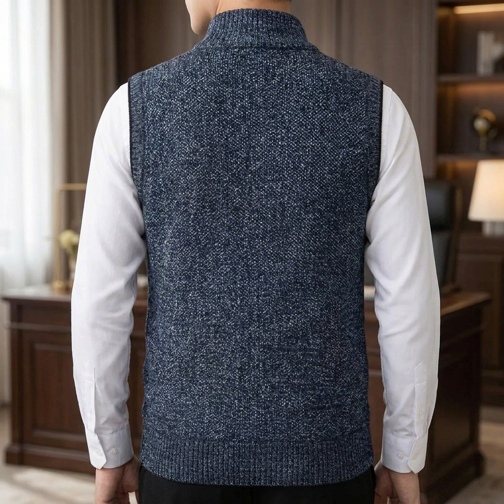 Myk, strikket herrevest. Stilfull pullover genservest perfekt for elegant lag-på-lag over skjorter.
