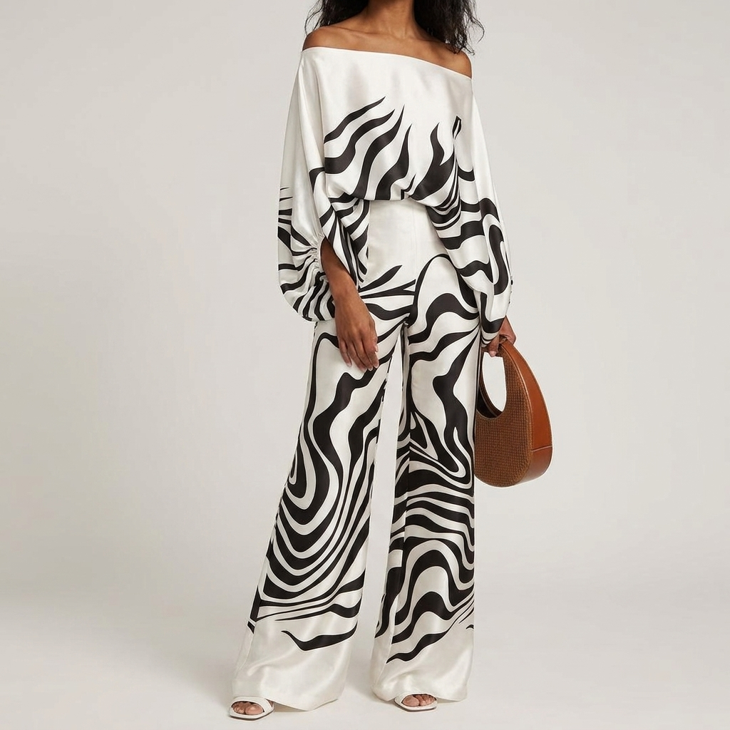 Todelt satengsett med elegant off-shoulder topp og lanternermer, komfortable bukser for kvinner.