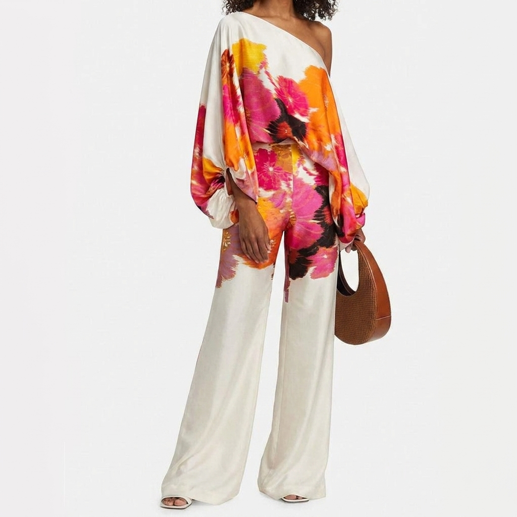 Luksuriøst og elegant todelt satengsett for kvinner, off-shoulder bluse og pen bukse i glatt sateng.