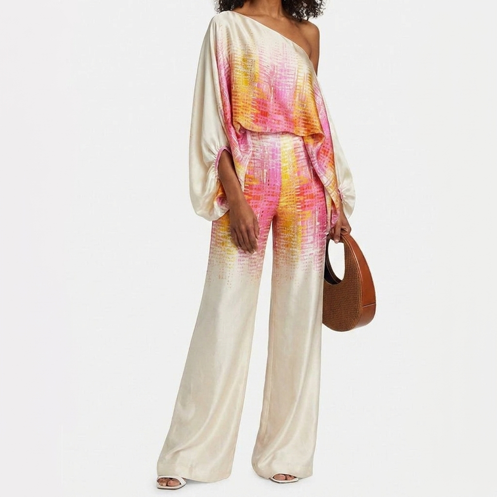 Perfekt festantrekk: Todelt satengsett for kvinner med chic off-shoulder topp og matchende bukse.