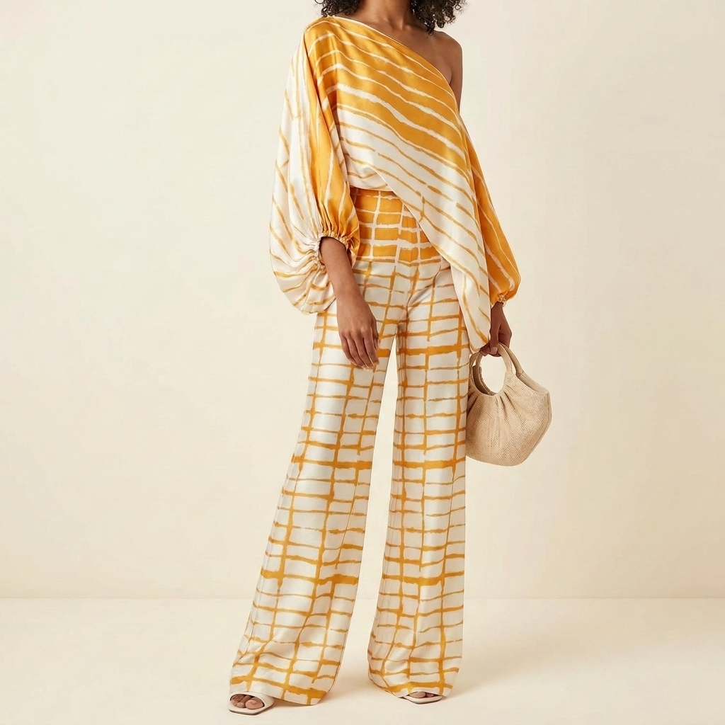 Stilrent todelt satengsett for kvinner, off-shoulder topp og bukser som passer til fest og avslappet bruk.
