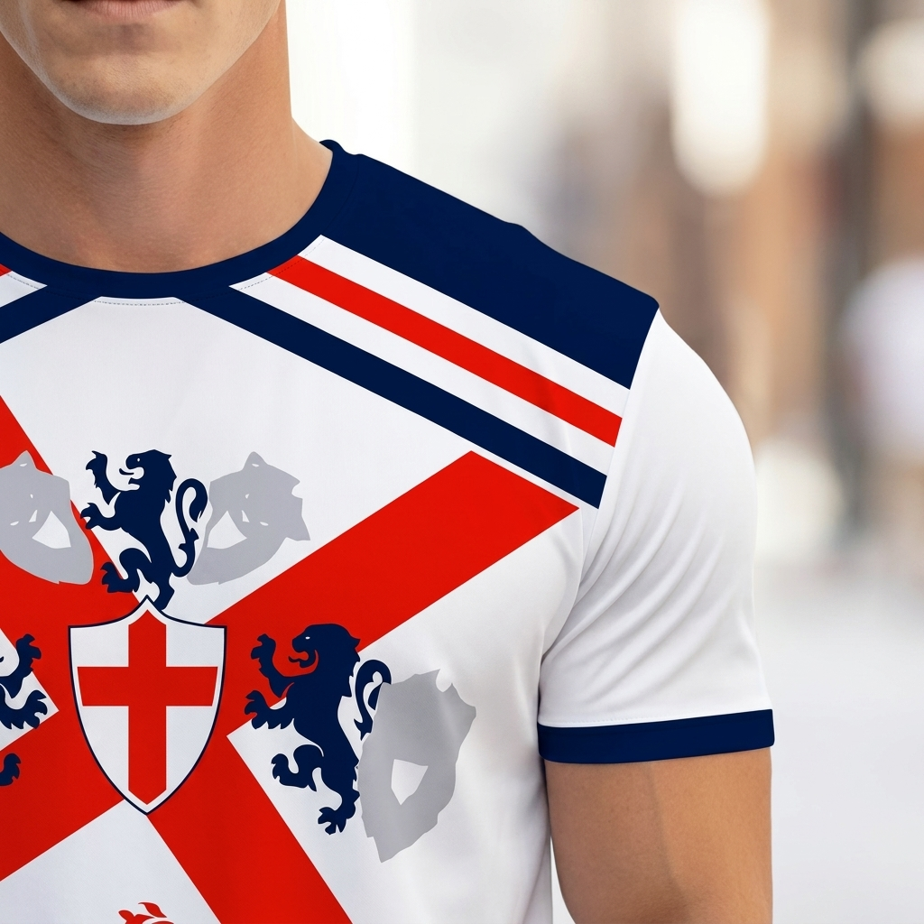Frontbilde av England fotball t-skjorte for menn. Klassisk design for å vise nasjonal stolthet til WC2026.