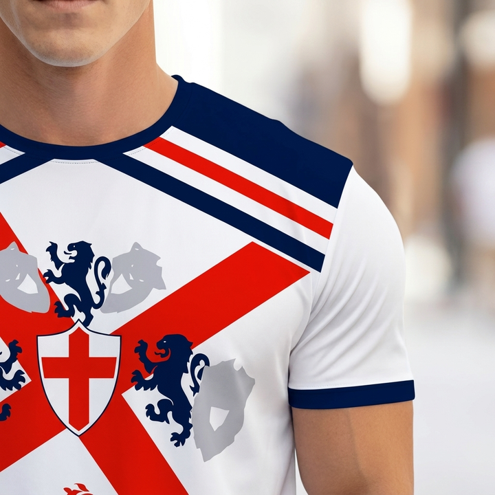 Frontbilde av England fotball t-skjorte for menn. Klassisk design for å vise nasjonal stolthet til WC2026.