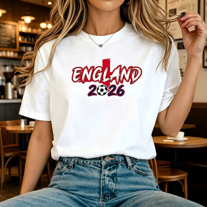 Stilig dame t-skjorte med rund hals, kort erm. England fotballinspirert i lett, pustende polyester for sommer.