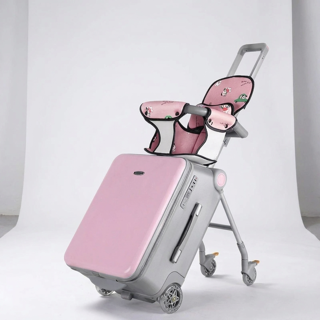 Familiereise gjort enkelt med WC2026 ridekoffert for barn, avlaster slitne små ben på flyplassen.