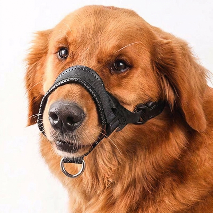 Justerbar svart hundemunnkurv i nylon for sikker kontroll, trening og bjeffekontroll av kjæledyr.