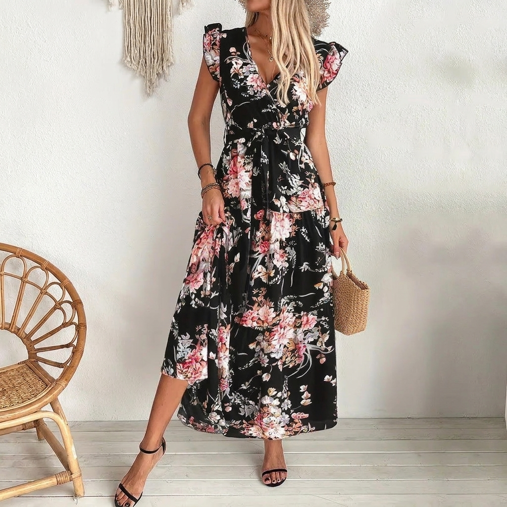 Svart elegant hverdagskjole for kvinner. Komfortabel polyester sommerkjole, perfekt for avslappet stil.