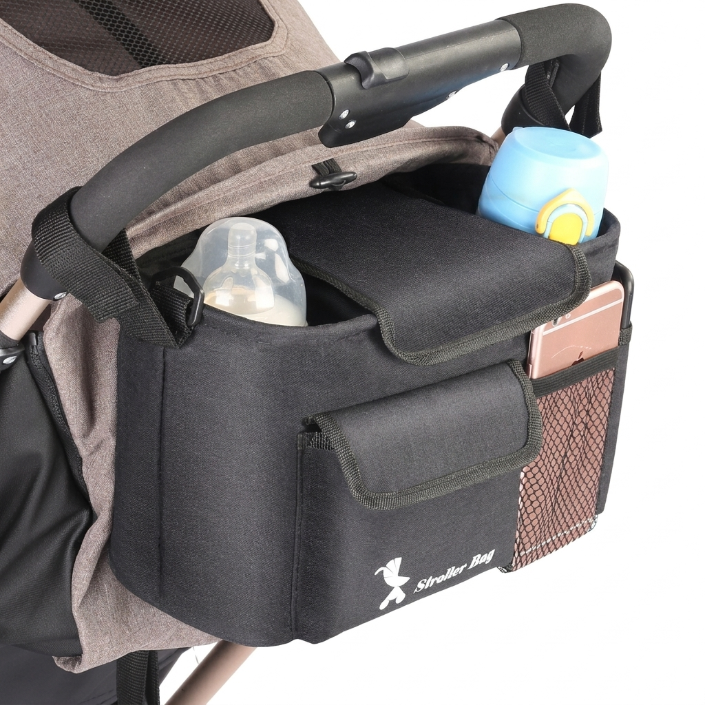 Unisex barnevogn tilbehør: WC2026 svart oppbevaringsbag festet til håndtaket, klar for reise og hverdagsbruk.
