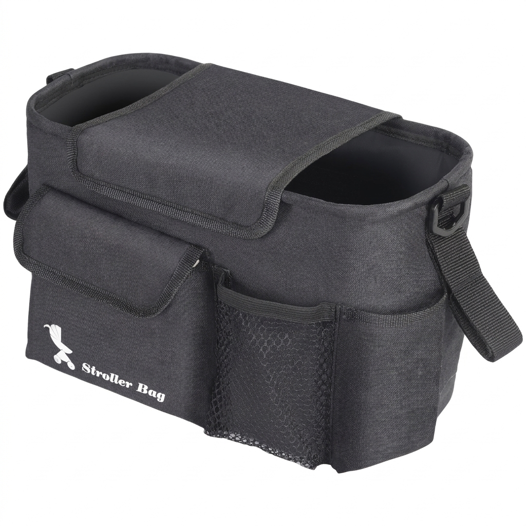 Svart barnevogn oppbevaringsbag med multilommer for enkel organisering av babyutstyr og foreldresaker.