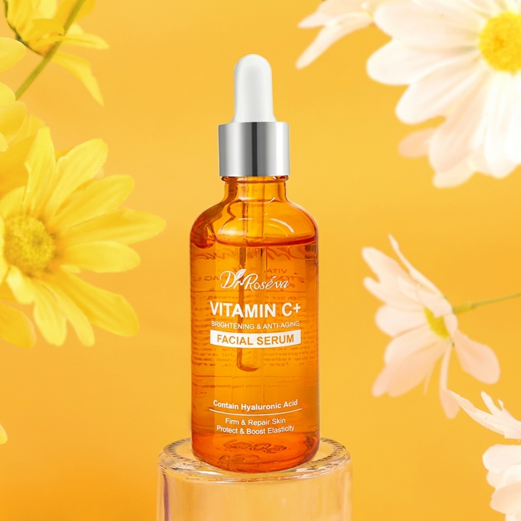 Vitamin C serum flaske. Gir glødende hudtone, fuktighet og antioksidant beskyttelse.