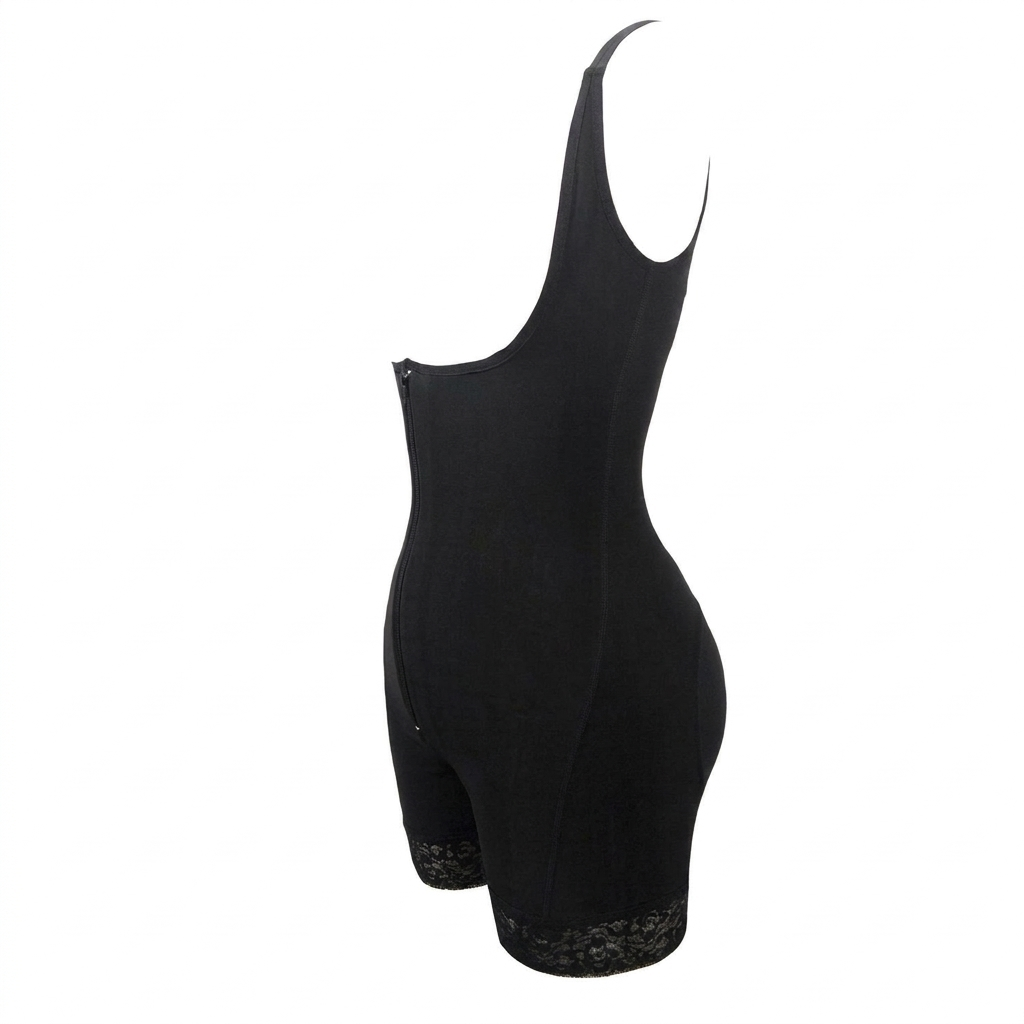 Elegant sort sømløs bodysuit med justerbare stropper, gir optimal rumpeheving og stram magekontroll.