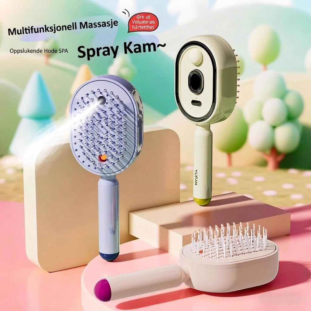 Oppladbar elektrisk hårbørste masserer hodebunnen og sprayer essensiell olje for optimal hårpleie.