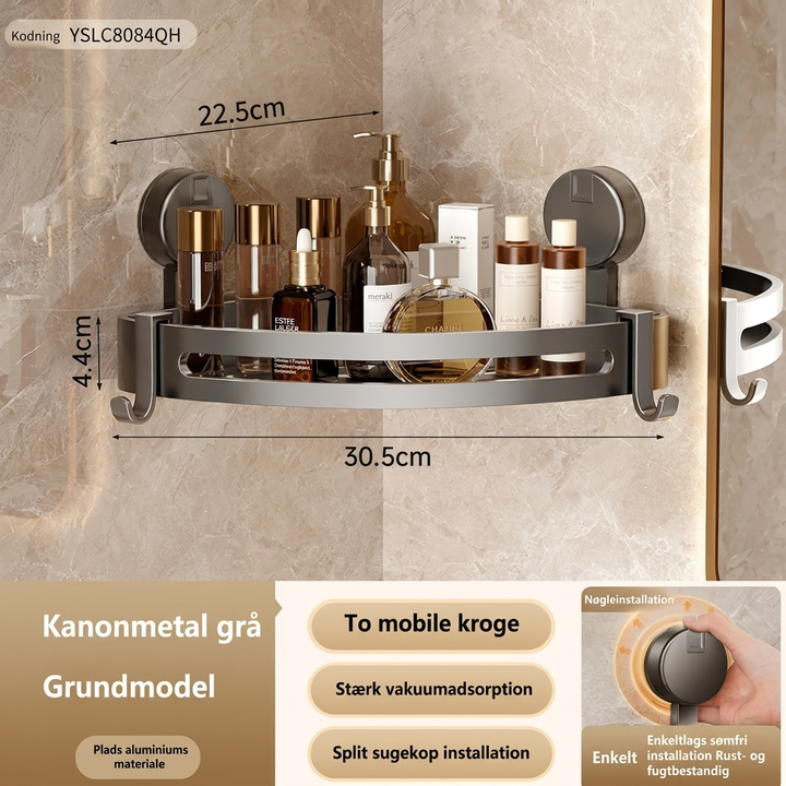Gun grå sugekopphylle for baderom. Elegant og moderne oppbevaring uten boring til dusjen.