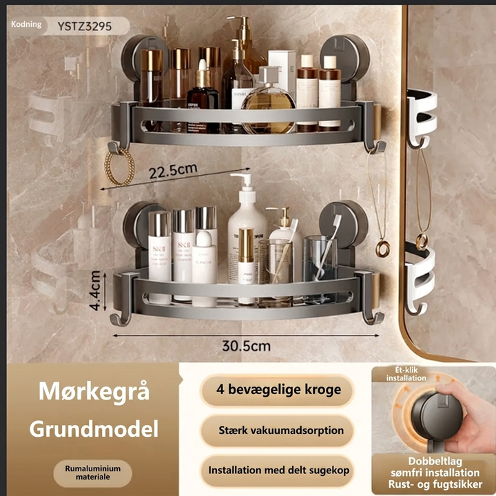 Praktisk borefri hylle til baderommet, perfekt for sjampo og såpe. Sugekopper for enkel og stabil montering.