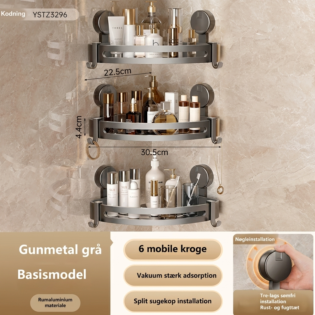 Moderne baderomshylle i gun grå plast med sterk sugekoppfeste. Optimaliser oppbevaring i dusjen uten hull.