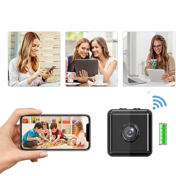 Liten trådløs 1080P WiFi minikamera med nattsyn og bevegelsessensor, ideelt for innendørs/utendørs bruk.