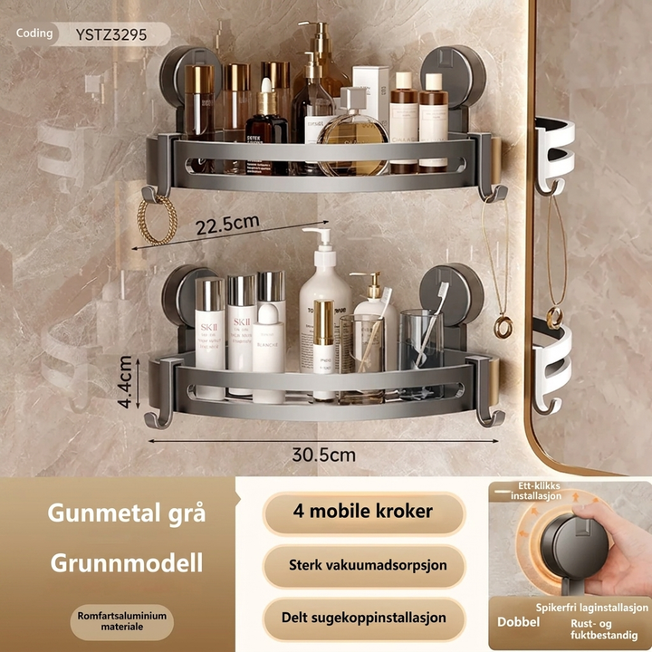 Elegant gun grå baderomshylle med sterk sugekopp for veggfeste, enkel og borerfri løsning for dusjen.