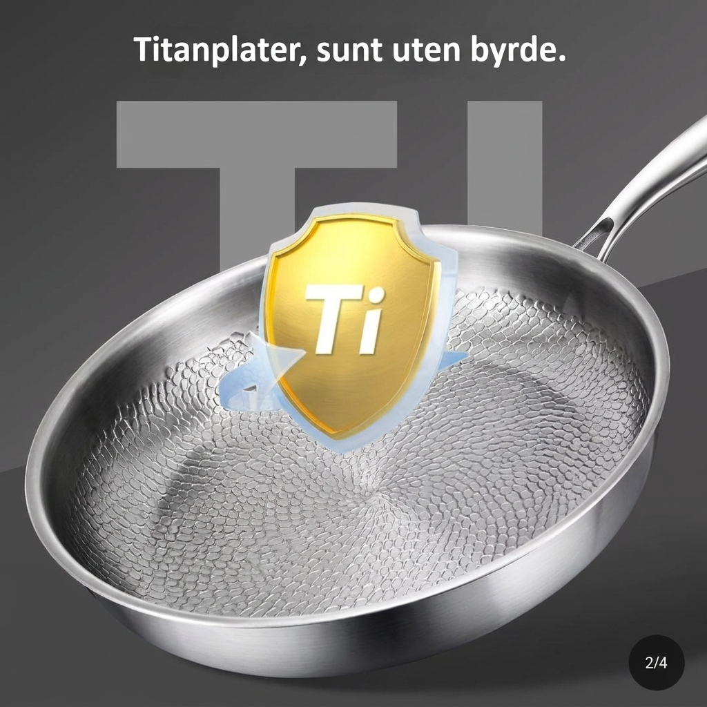 Allsidig ubelagt titan stekepanne for sunn matlaging, ideell for steking av kjøtt og grønnsaker.