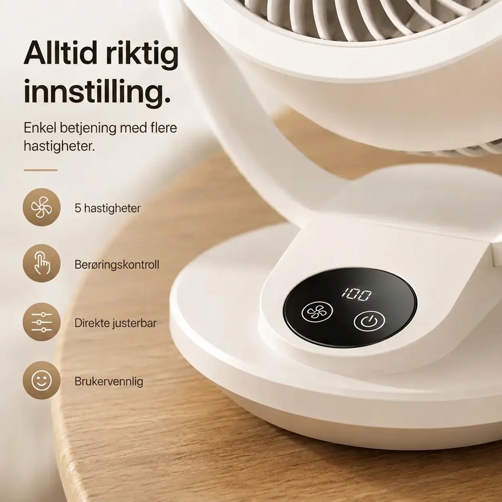Moderne design luftsirkulasjonsvifte, perfekt som stille gulvvifte eller bordvifte for optimal komfort.