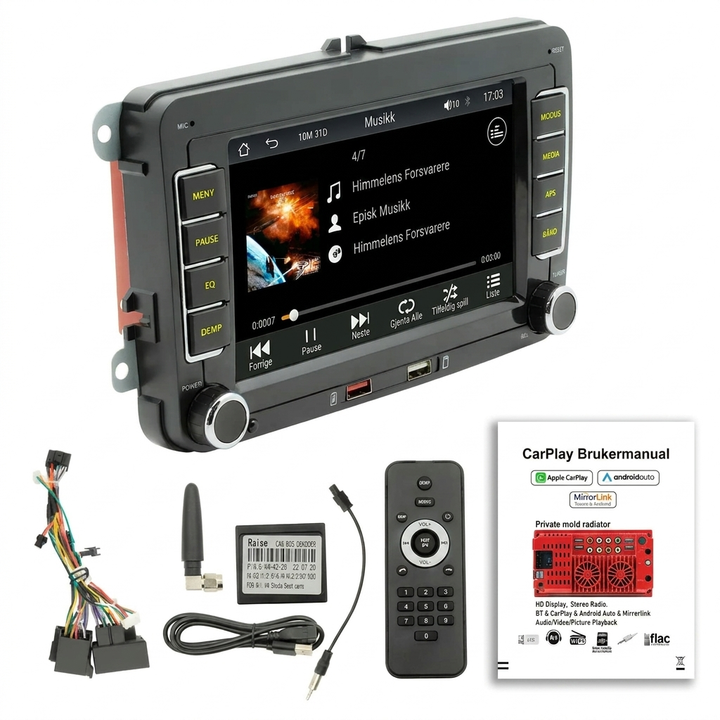 Multimedia bil MP5-spiller med kablet CarPlay, Bluetooth og USB. Moderne 7" HD-skjerm for biloppgradering.