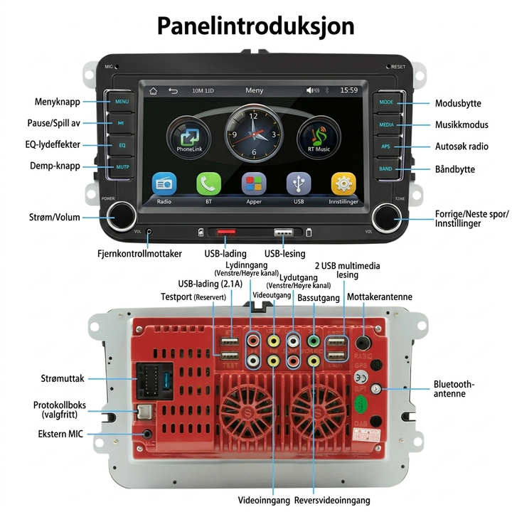 Bilstereo med stor 7-tommers HD-skjerm, MP5-spiller og kablet CarPlay for en komplett underholdningsopplevelse.