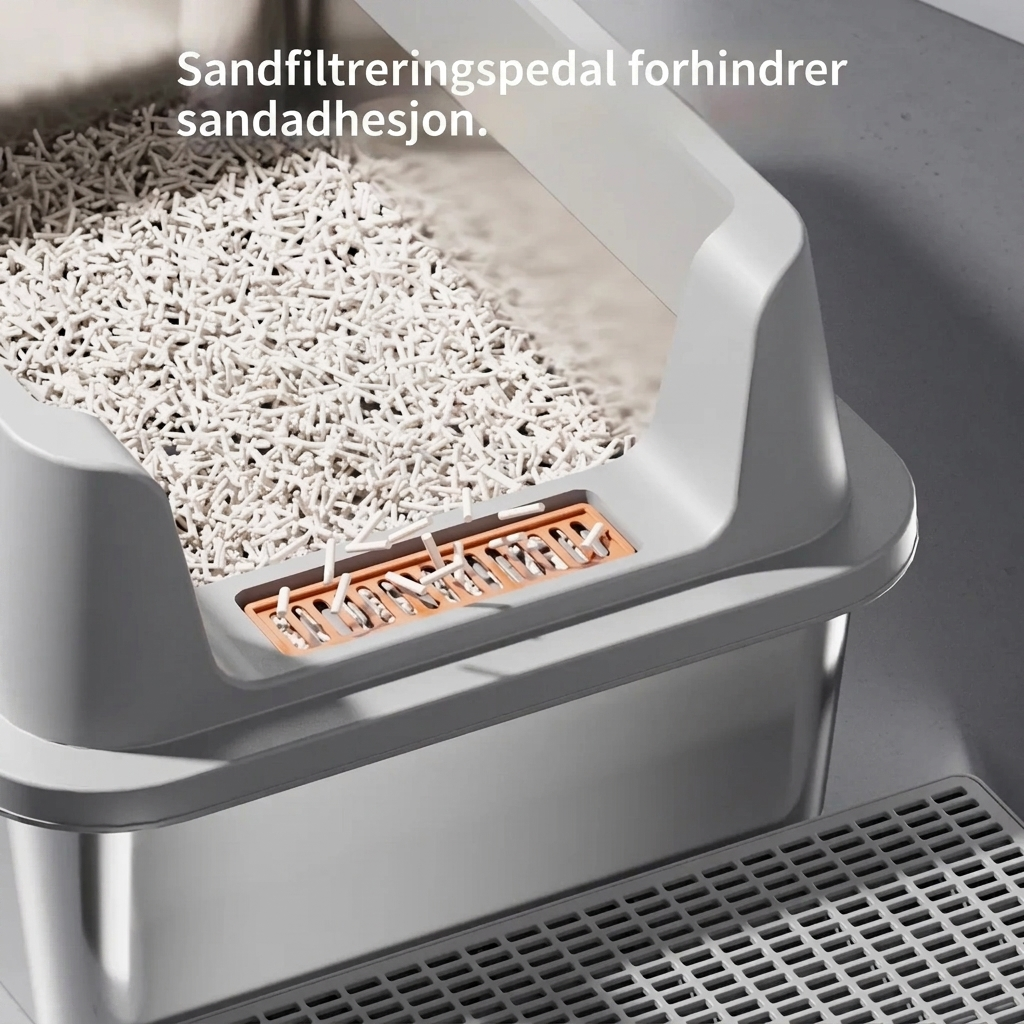Hvit lukket kattebakke med luktkontroll. Tilbyr privatliv for katten og bidrar til et friskt hjemmemiljø.