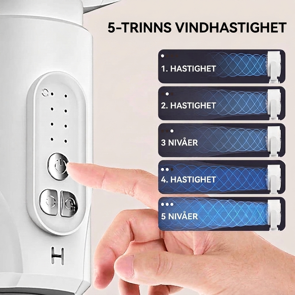 Elegant hvit gulvvifte med oscillasjon og fjernkontroll. Perfekt for effektiv kjøling i stuen om sommeren.