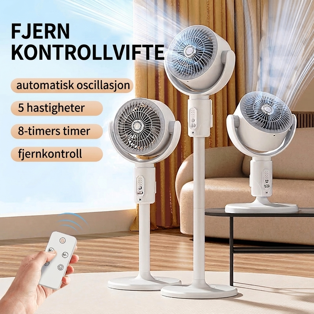 Kompakt hvit gulvvifte med fjernkontroll og oscillasjon. Optimal for kjøling i soverom, hjemmekontor og mindre rom.