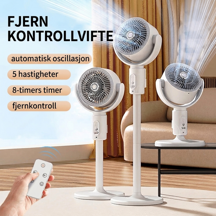 Kompakt hvit gulvvifte med fjernkontroll og oscillasjon. Optimal for kjøling i soverom, hjemmekontor og mindre rom.