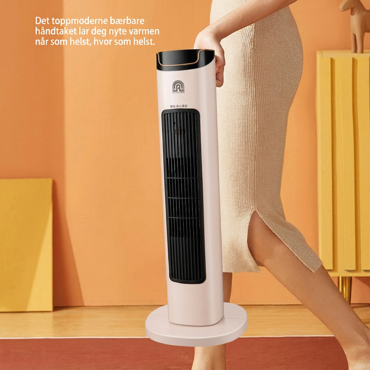 Effektiv bærbar varmevifte i vertikalt design. Beige elektrisk vifte gir rask varme til ethvert rom.