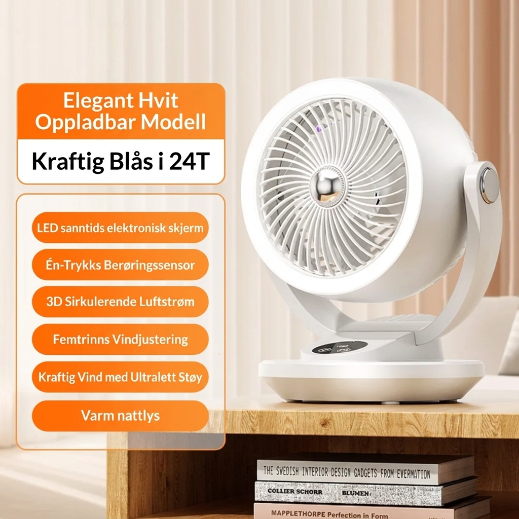 Allsidig, oppladbar sirkulasjonsvifte for gulv/bord. Gir stille, kraftig ventilasjon til hjem og kontor.