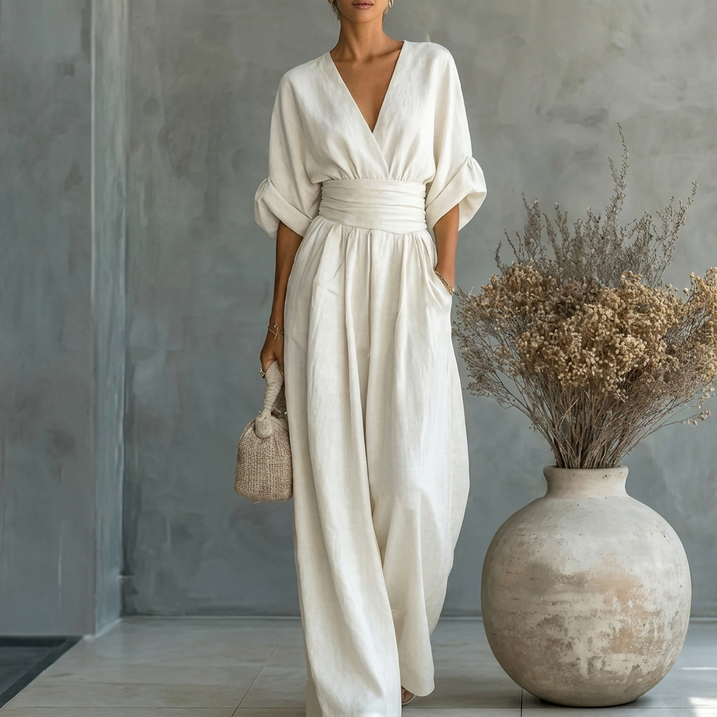 Moteriktig damejumpsuit med V-hals, stilren og komfortabel. Ideell for sommer og ulike anledninger. Lang one-piece.