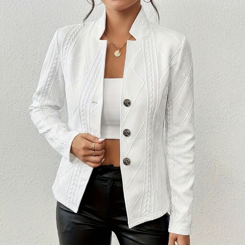 Elegant kvinners blazer for profesjonell business casual. Slank passform med stående krage, ideell kontorjakke.