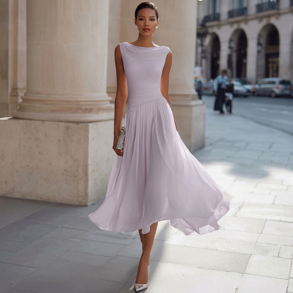 Lett sommerkjole i chiffon for kvinner. Elegant festkjole med båtutringning, ideell for varme kvelder.