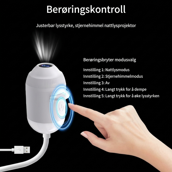 Magisk stjerneprojektor og nattlys for barnerom, skaper en beroligende og drømmende atmosfære.