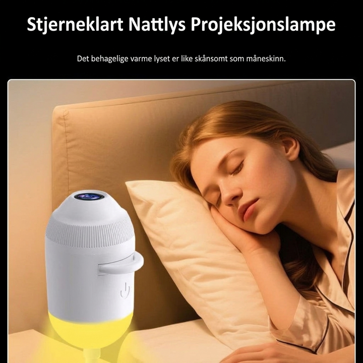Innovativ stjerneprojektor projiserer et fargerikt univers av galakser og stjerner på vegg og tak.