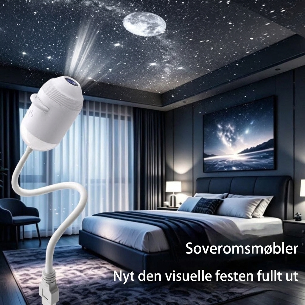 Galakse- og stjerneprojektor lyser opp et soverom med levende universelle mønstre og koselig stemning.