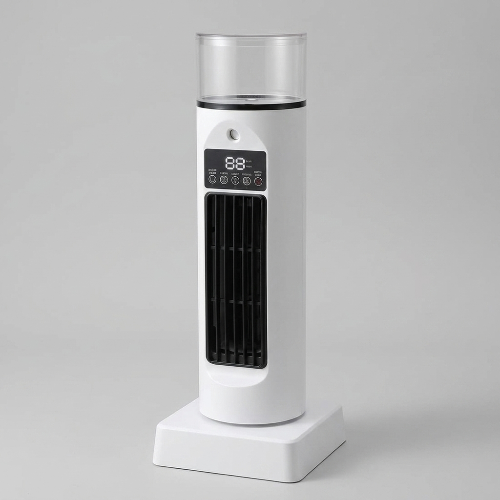 Praktisk 3-i-1 ventilator, luftfukter og kjøler for kontor og hjem, med fjernkontroll for enkel bruk.