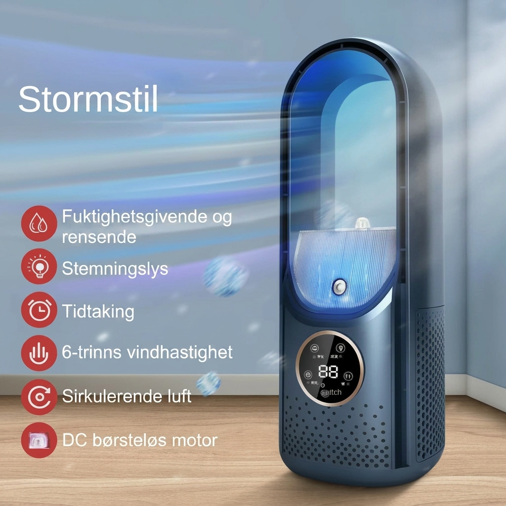 Bærbar USB luftkjøler og vifte med fukter, ideell for kontor eller soverom. Stillegående og effektiv kjøling.