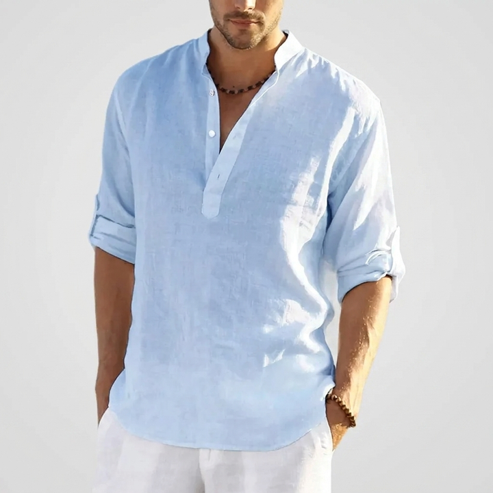 Herreskjorte i lin, ensfarget design. Perfekt strandskjorte eller casual fritidsskjorte for avslappede dager.